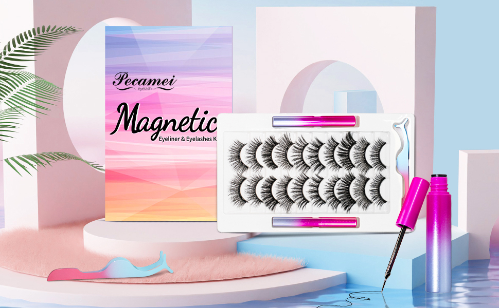 Pecamei Magnetic Eyelashes Kit, Reusable Magnetic lashes Natural Look, 10 Pairs False Eyelashes with Magnetic Eyeliner & Tweezers, No Glue Needed, Easy to Wear (Blue Purple)  